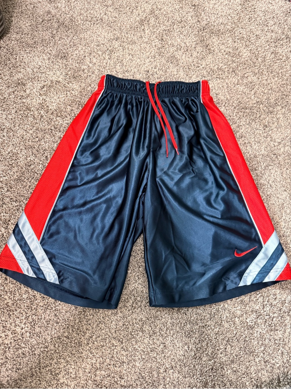 Nike Youth Navy and Red Basketball Shorts with Silver Accents